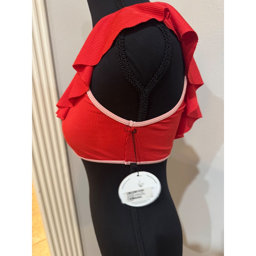 Lost + Wander Red Ruffle One Shoulder Ribbed Swim Top Trendy Size S‎ - Picture 3 of 5